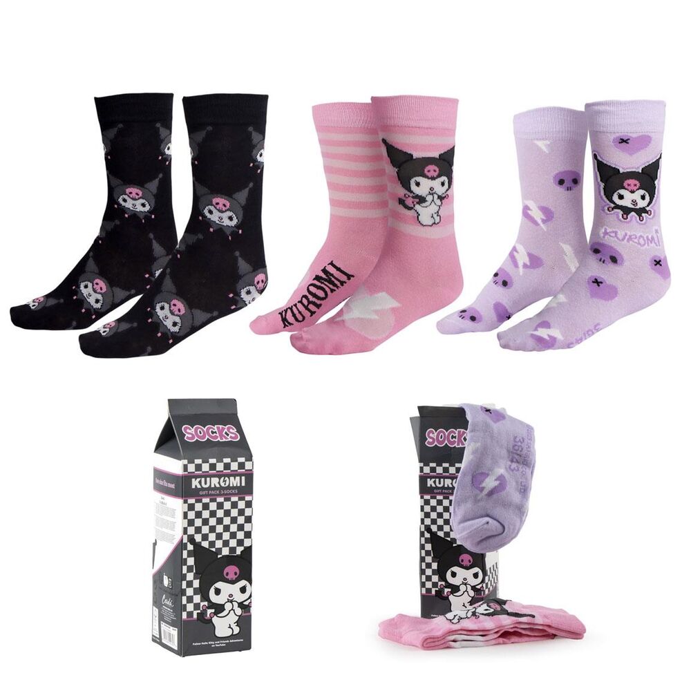 Set 3 calcetines Kuromi Hello Kitty adulto - Frikibase.com