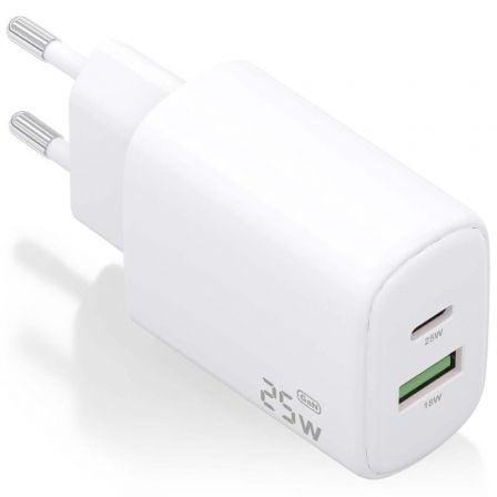 Cargador de Pared GaN Aisens A110-0911/ 1xUSB Tipo-C/ 1xUSB/ 25W/ Blanco - Frikibase