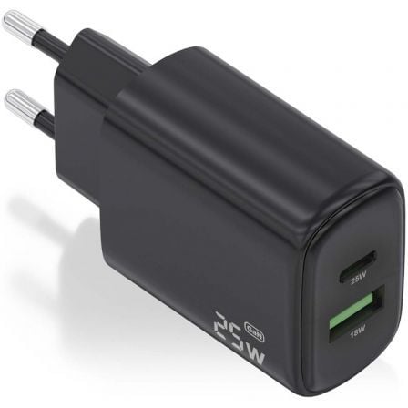 Cargador de Pared GaN Aisens A110-0912/ 1xUSB Tipo-C/ 1xUSB/ 25W/ Negro - Frikibase