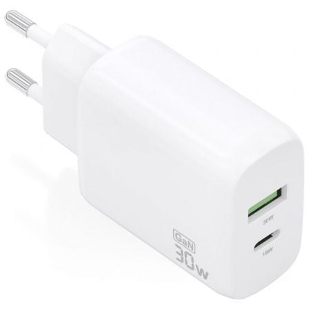 Cargador de Pared GaN Aisens A110-0923/ 1xUSB Tipo-C/ 1xUSB/ 30W/ Blanco - Frikibase
