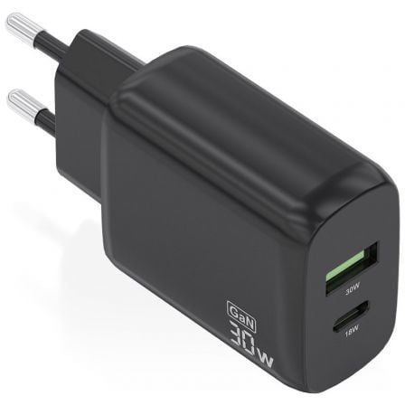 Cargador de Pared GaN Aisens A110-0924/ 1xUSB Tipo-C/ 1xUSB/ 30W/ Negro - Frikibase