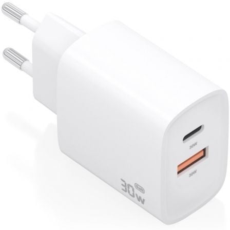 Cargador de Pared GaN Aisens A110-0952/ 1xUSB Tipo-C/ 1xUSB/ 30W/ Blanco - Frikibase