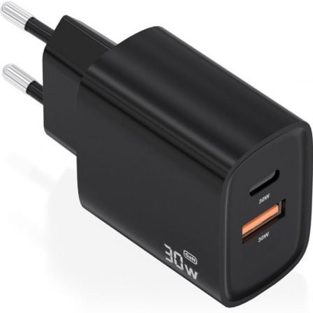 Cargador de Pared GaN Aisens A110-0953/ 1xUSB Tipo-C/ 1xUSB/ 30W/ Negro - Frikibase