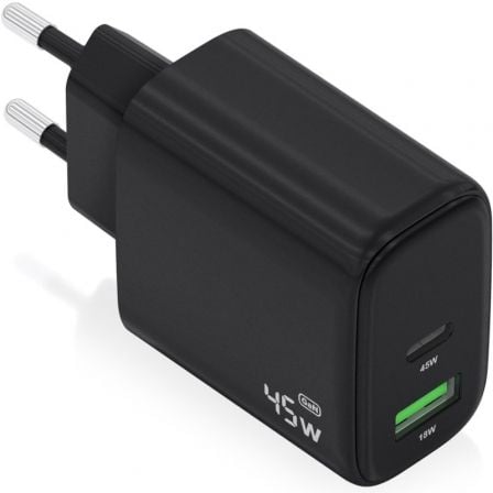 Cargador de Pared GaN Aisens A110-0972/ 1xUSB Tipo-C/ 1xUSB/ 45W/ Negro - Frikibase