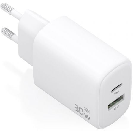 Cargador de Pared GaN Aisens A110-0977/ 1xUSB Tipo-C/ 1xUSB/ 30W/ Blanco - Frikibase