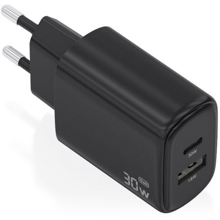Cargador de Pared GaN Aisens A110-0978/ 1xUSB Tipo-C/ 1xUSB/ 30W/ Negro - Frikibase