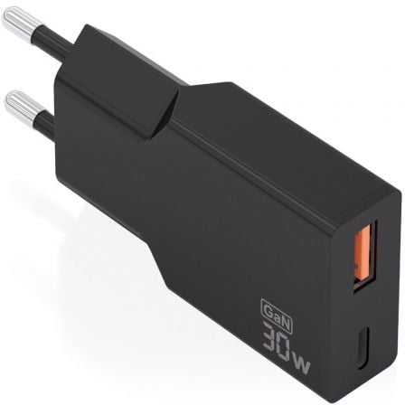 Cargador de Pared GaN Aisens A110-1005/ 1xUSB Tipo-C/ 1xUSB/ 30W/ Negro - Frikibase