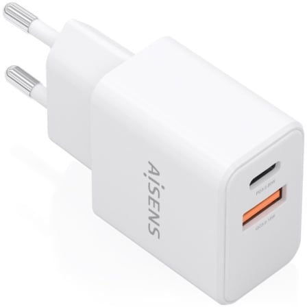 Cargador de Pared GaN Aisens A110-1025/ 1xUSB Tipo-C/ 1xUSB/ 20W/ Blanco - Frikibase