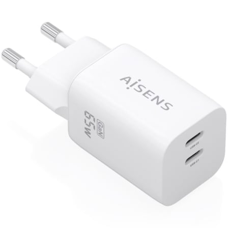 Cargador de Pared GaN Aisens A110-1029/ 2xUSB Tipo-C/ 65W/ Blanco - Frikibase