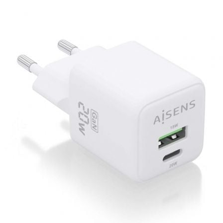 Cargador de Pared GaN Aisens ASCH-20W2P010-W/ 1xUSB Tipo-C/ 1xUSB/ 20W - Frikibase