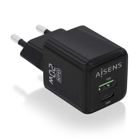 Cargador de Pared GaN Aisens ASCH-20W2P011-BK/ 1xUSB Tipo-C/ 1xUSB/ 20W - Frikibase