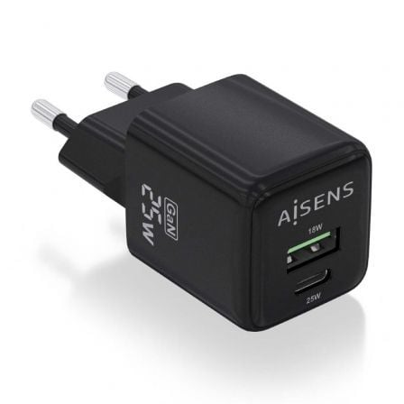 Cargador de Pared GaN Aisens ASCH-25W2P015-BK/ 1xUSB Tipo-C/ 1xUSB/ 25W - Frikibase