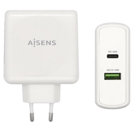 Cargador de Pared Aisens ASCH-2PD30QC-W/ 1xUSB Tipo-C/ 1x USB/ 48W - Frikibase