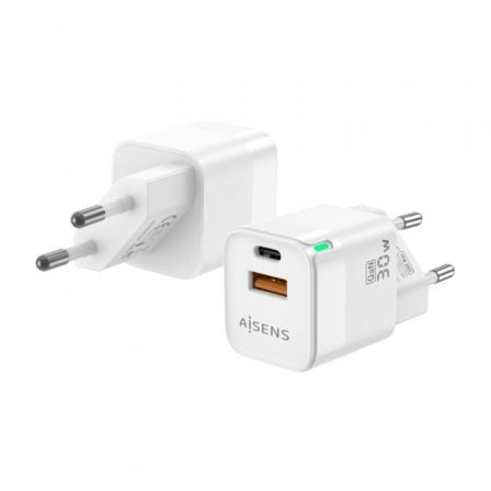 Cargador de Pared GaN Aisens ASCH-30W2P004-W/ 1xUSB Tipo-C/ 1xUSB/ 30W - Frikibase