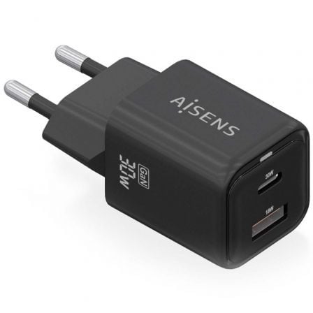 Cargador de Pared GaN Aisens ASCH-30W2P021-BK/ 1xUSB Tipo-C/ 1xUSB/ 30W - Frikibase