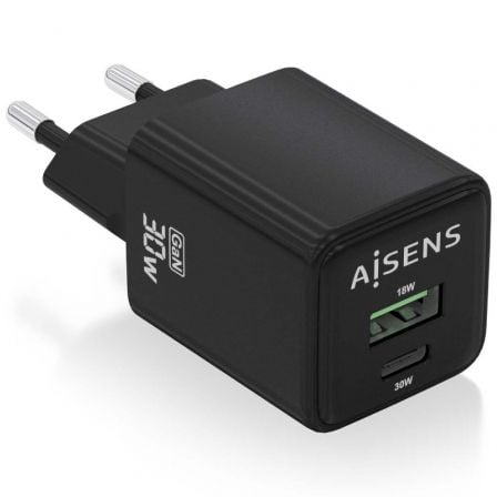 Cargador de Pared GaN Aisens ASCH-30W2P038-BK/ 1xUSB Tipo-C/ 1xUSB/ 30W - Frikibase
