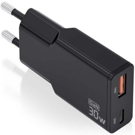 Cargador de Pared GaN Aisens ASCH-30W2P047-BK/ 1xUSB Tipo-C/ 1xUSB/ 30W/ Negro - Frikibase