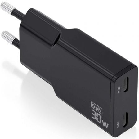 Cargador de Pared GaN Aisens ASCH-30W2P049-BK/ 2xUSB Tipo-C/ 30W/ Negro - Frikibase