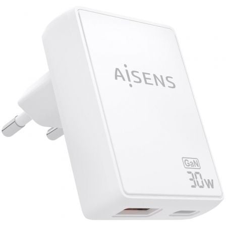 Cargador de Pared GaN Aisens ASCH-30W2P074-W/ 1xUSB Tipo-C/ 1xUSB/ 30W/ Blanco - Frikibase