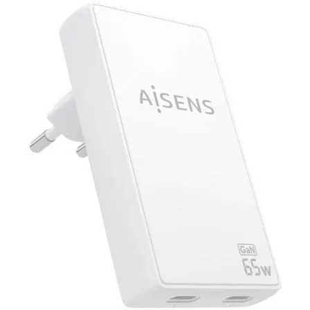 Cargador de Pared GaN Aisens ASCH-65W2P077-W/ 2xUSB Tipo-C/ 65W/ Blanco - Frikibase