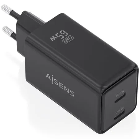 Cargador de Pared GaN Aisens ASCH-65W2P079-BK/ 2xUSB Tipo-C/ 65W/ Negro - Frikibase
