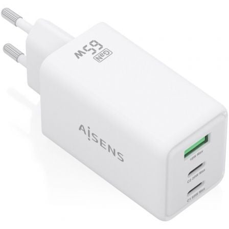 Cargador de Pared GaN Aisens ASCH-65W3P072-W/ 2xUSB Tipo-C/ 1xUSB/ 65W/ Blanco - Frikibase