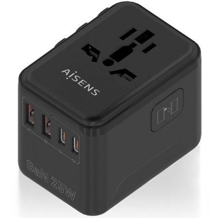 Cargador de Pared Universal GaN para Viaje Aisens ASPS-2A2C08-BK/ Toma de Corriente Universal/ 2xUSB Tipo-C/ 2xUSB/ 25W - Frikibase