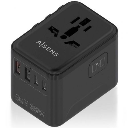 Cargador de Pared Universal GaN para Viaje Aisens ASPS-2A3C09-BK/ Toma de Corriente Universal/ 3xUSB Tipo-C/ 2xUSB/ 35W - Frikibase