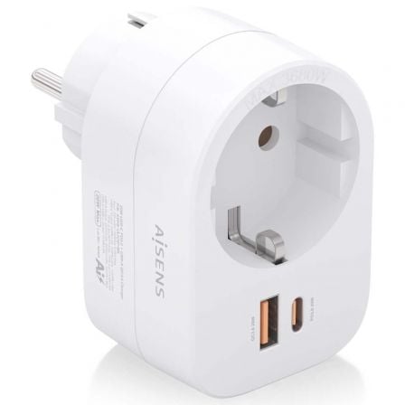 Enchufe Aisens ASPS-1A1C06-W/ 1 Toma de Corriente/ 1 USB Tipo-C PD/ 1 USB/ Blanco - Frikibase