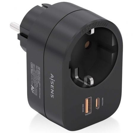 Enchufe Aisens ASPS-1A1C07-BK/ 1 Toma de Corriente/ 1 USB Tipo-C PD/ 1 USB/ Negro - Frikibase