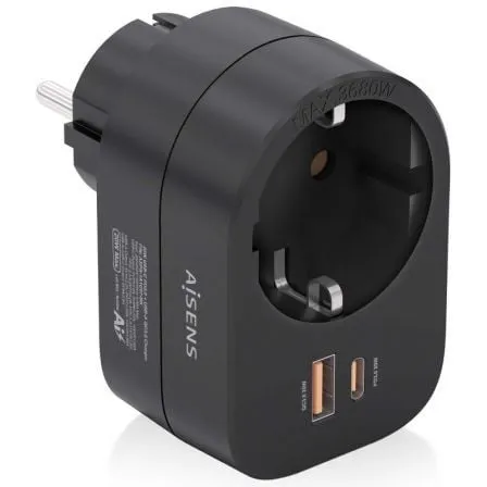 Enchufe Aisens ASPS-1A1C07-BK/ 1 Toma de Corriente/ 1 USB Tipo-C PD/ 1 USB/ Negro - Frikibase