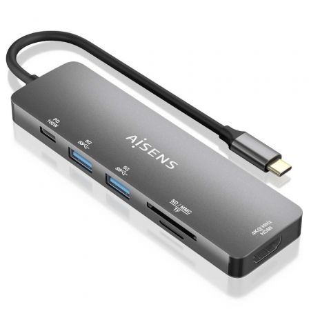 Docking USB Tipo-C Aisens ASUC-6P016-GR/ 1xHDMI 4K/ 2xUSB/ 1xLector Tarjetas/ 1xUSB Tipo-C PD/ Gris - Frikibase