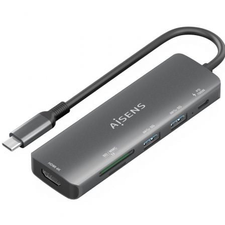Docking USB Tipo-C Aisens ASUC-6P023-GR/ 1xHDMI 4K/ 2xUSB/ 1xUSB Tipo-C PD/ 1xLector Tarjetas/ Gris - Frikibase