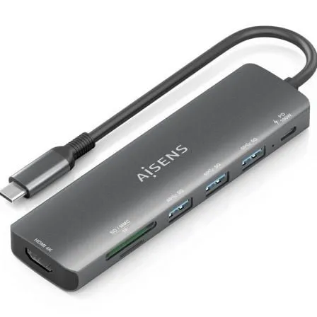 Docking USB Tipo-C Aisens ASUC-7P025-GR/ 1xHDMI 4K/ 3xUSB/ 1xUSB Tipo-C PD/ 1xLector Tarjetas/ Gris - Frikibase