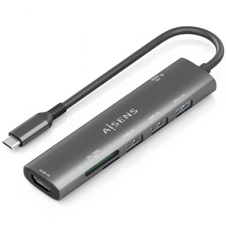 Docking USB Tipo-C Aisens ASUC-7P027-GR/ 1xHDMI 4K/ 3xUSB/ 1xUSB Tipo-C PD/ 1xLector Tarjetas/ Gris - Frikibase