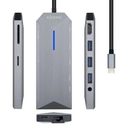 Docking USB Tipo-C Aisens ASUC-9P001-GR/ 1xHDMI 4K/ 3xUSB/ 1xRJ45/ 1xAudio/ 1xLector Tarjetas / 1xUSB Tipo-C PD/ Gris - Frikibase