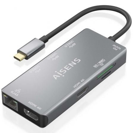 Docking USB Tipo-C Aisens ASUC-9P018-GR/ 2xHDMI 4K/ 3xUSB/ 1xRJ45/ 1xLector Tarjetas/ 1xUSB Tipo-C PD/ Gris - Frikibase