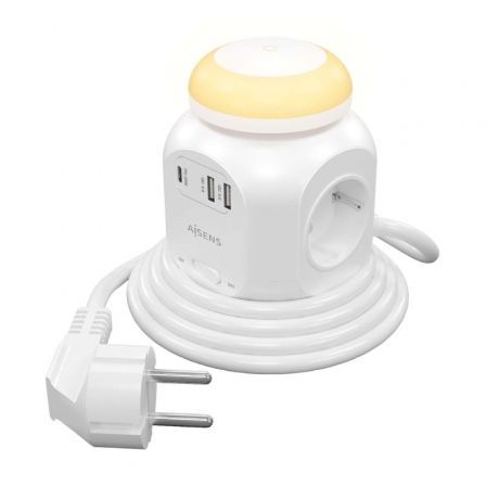 Regleta con Interruptor y Luz Nocturna Aisens ASPS-2A1CLPQ02-W/ 4 Tomas de Corriente/ 1 USB Tipo-C PD/ 2 USB/ Cable 1.8m/ Blanco - Frikibase
