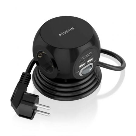 Regleta con Interruptor Aisens ASPS-2A2C05-BK/ 3 Tomas de Corriente/ 2 USB Tipo-C/ 2 USB/ Cable 1.4m/ Negro - Frikibase