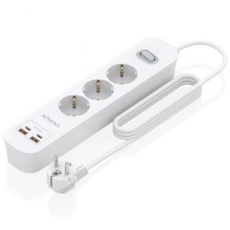 Regleta con Interruptor Aisens ASPS-2A2C10-W/ 3 Tomas de Corriente/ 2 USB - 2 USB Tipo-C/ Cable 1.4m/ Blanco - Frikibase