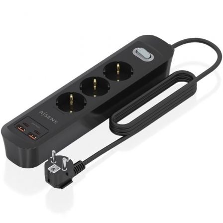 Regleta con Interruptor Aisens ASPS-2A2C11-BK/ 3 Tomas de Corriente/ 2 USB - 2 USB Tipo-C/ Cable 1.4m/ Negro - Frikibase
