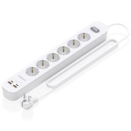 Regleta con Interruptor Aisens ASPS-2A2C16-W/ 6 Tomas de Corriente/ 2 USB - 2 USB Tipo-C/ Cable 1.4m/ Blanco - Frikibase