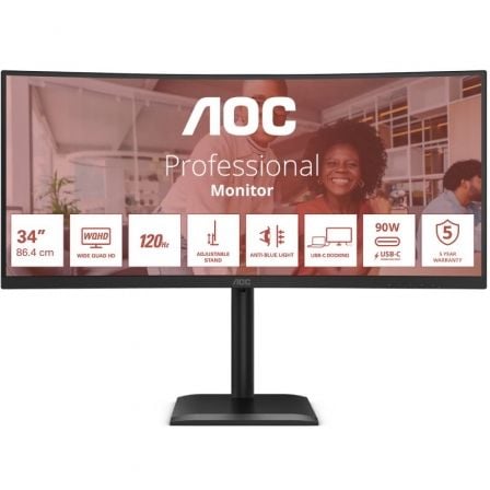 Monitor Profesional Ultrapanorámico Curvo AOC CU34E4CV 34"/ WQHD/ Multimedia/ Regulable en altura/ Negro - Frikibase