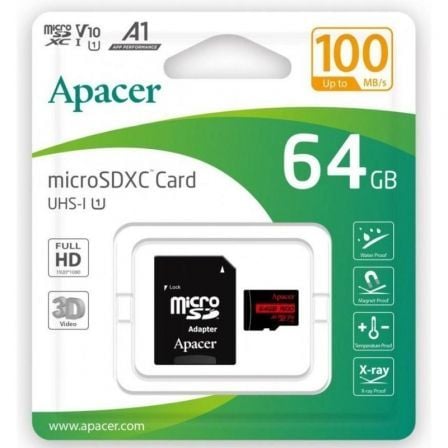 Tarjeta de Memoria Apacer 64GB XC UHS 1 con Adaptador/ Clase 10/ 100MBs - Frikibase