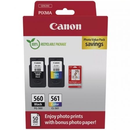 Cartucho de Tinta Original Canon PG-560 + CL-561 Multipack/ Negro/ Tricolor + Papel Fotográfico - Frikibase
