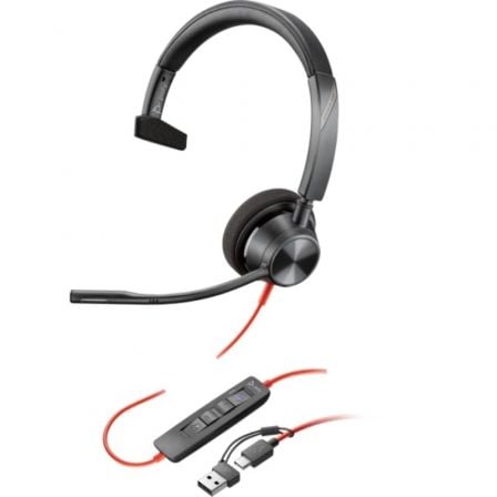 Auricular Poly Blackwire 3310 para Microsoft Teams + Adaptador USB-C/A/ con Micrófono/ USB Tipo-C/ Negro - Frikibase
