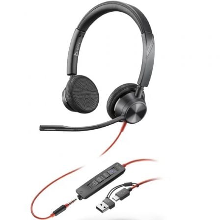 Auriculares Poly Blackwire 3225 para Microsoft Teams + 3.5 mm + Adaptador USB-C/A/ con Micrófono/ Jack 3.5 - USB Tipo-C/ Negros - Frikibase