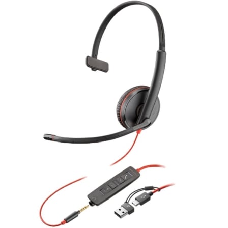 Auricular Poly Blackwire 3215 + Adaptador USB-C/A/ con Micrófono/ Jack 3.5mm/ Negro - Frikibase