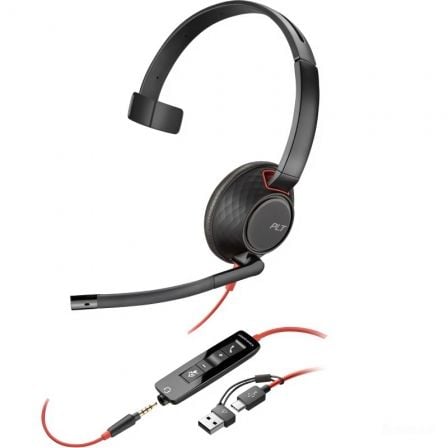 Auricular Poly Blackwire 5210 + 3.5 mm + Adaptador USB-C/A/ con Micrófono/ Jack 3.5 - USB Tipo-C/ Jack 3.5 - USB Tipo-C/ Bulk/ Negros - Frikibase