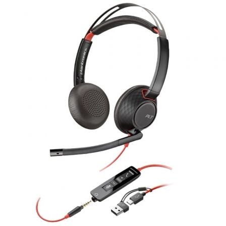 Auriculares Poly Blackwire 5220 USB-C + 3.5 mm + Adaptador USB-C/A/ con Micrófono/ Jack 3.5 - USB Tipo-C/ Bulk/ Negros - Frikibase